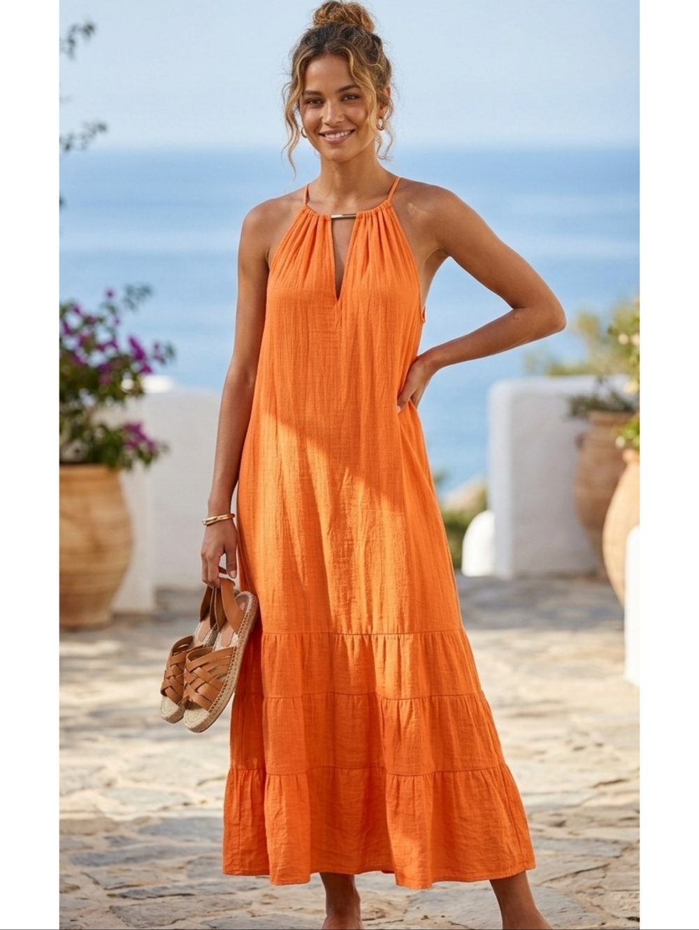 Mlle Gabrielle Halter Style Maxi Dress Orange Size XL